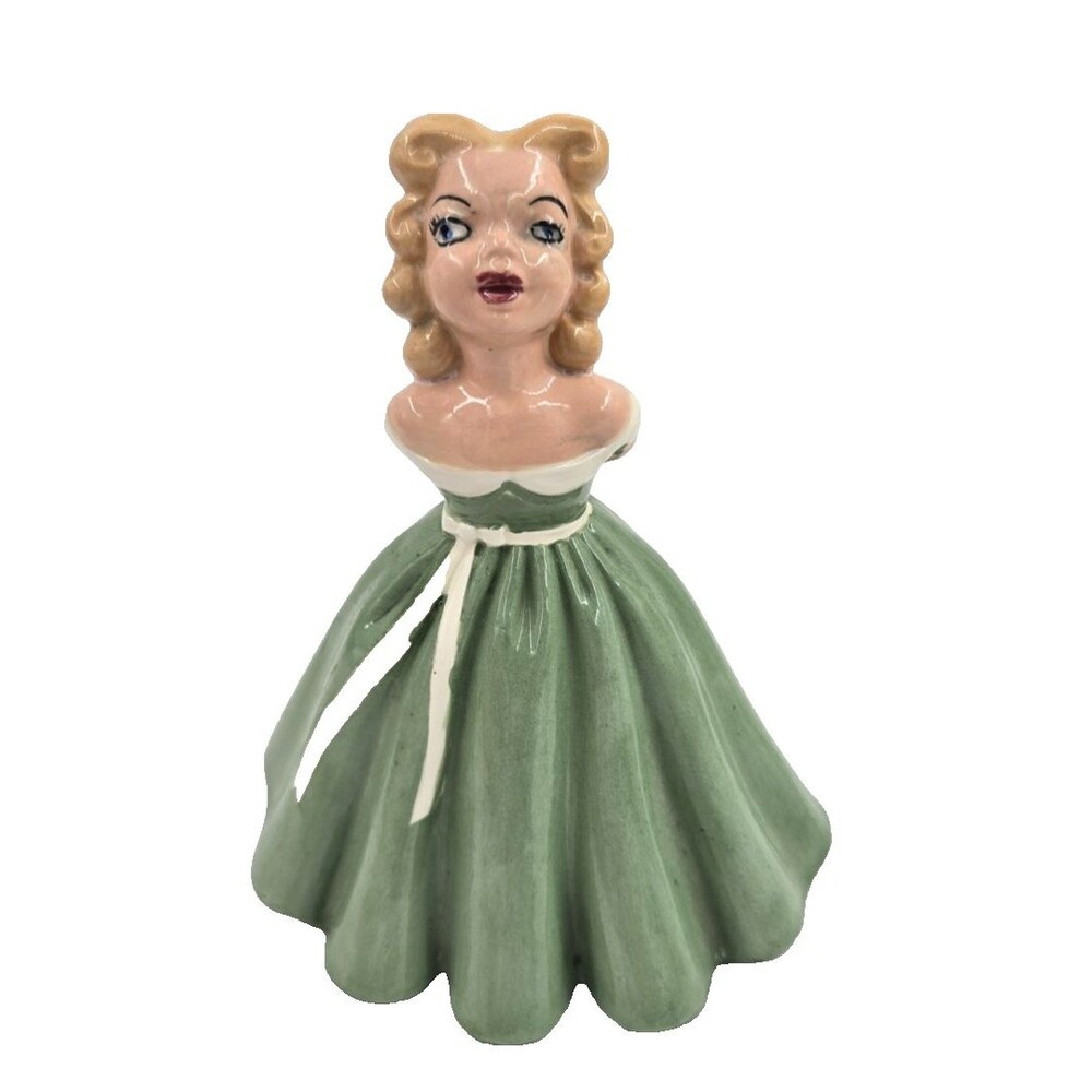 1976 Holland Mold Girl Blonde Hair Green Dress w Hat Figurine SOUTHERN BELLE